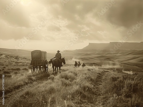 A pioneer family on the frontier, amidst a vast prairie, setting up their homestead, gazes towards a hopeful horizon. photo