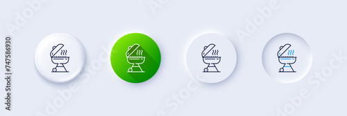 Grill line icon. Neumorphic, Green gradient, 3d pin buttons. Barbecue cooker for cooking food sign. Hot meat brazier symbol. Line icons. Neumorphic buttons with outline signs. Vector photo
