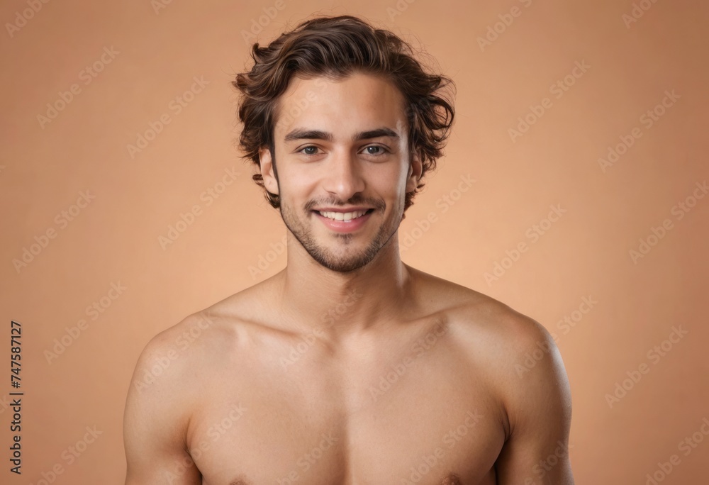 Shirtless young man with a playful smile, standing relaxed. His bare chest and joyful expression create a lively ambiance. Shirtless young man with a playful smile, standing relaxed. His bare chest and joyful expression create a lively ambiance.
