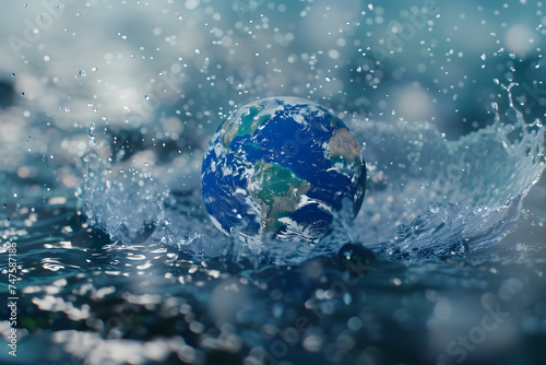 Earth globe with water splash on blue wave background. World Water Day  Mother Earth day. Save water and conservation concept. Environmental problems and protection. Caring for nature and ecology