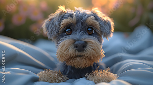 Miniature Schnauzer puppy lying on the bed. 3d rendering