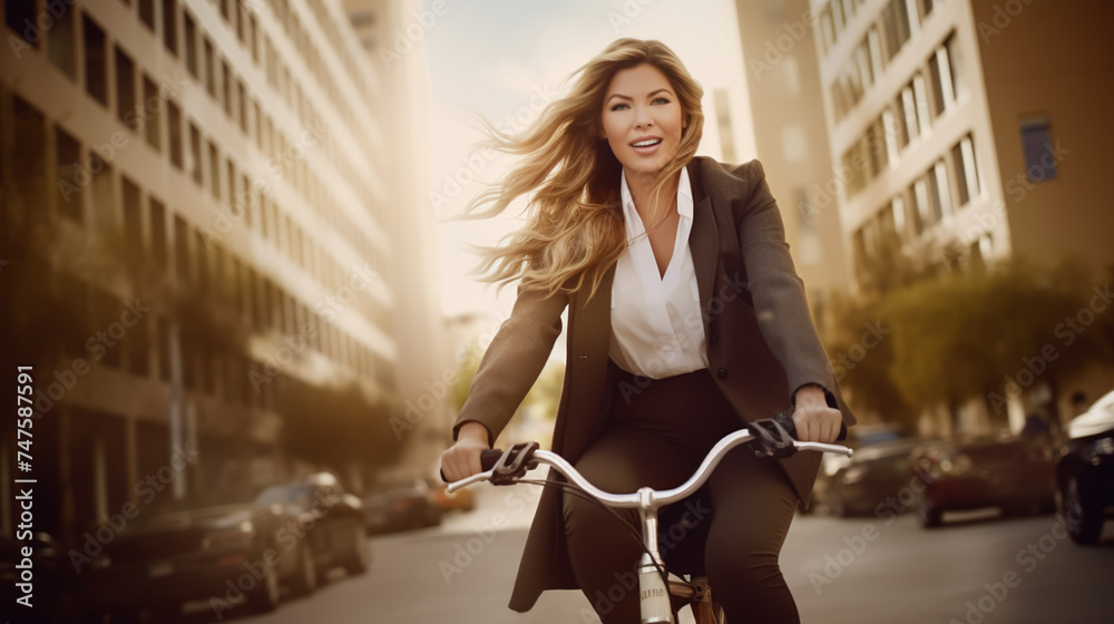 Naklejka premium Happy young woman ride by bicycle