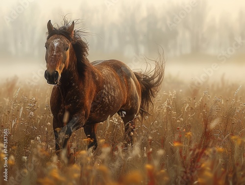 Wild horse running free across an open plain, spirit of freedom.