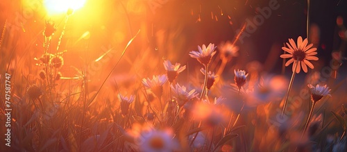 A photo of a bunch of flowers in the grass during a beautiful evening sunset.