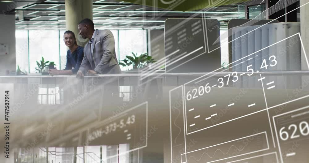 Animation of data processing over diverse colleagues discussing work