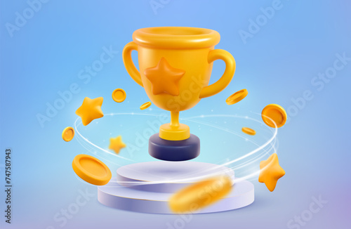 Champion cup on podium 3d vector illustration. Win prize, first place sport competition. Cartoon trophy cup on pedestal with flying coins on light background.
