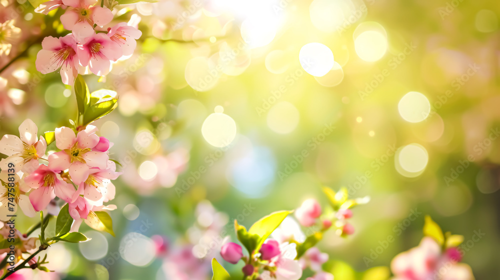 Spring blossom background with bokeh lights and pink flowers.