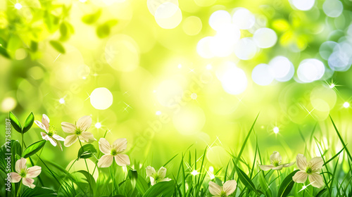 Spring nature background with green grass  flowers and bokeh lights