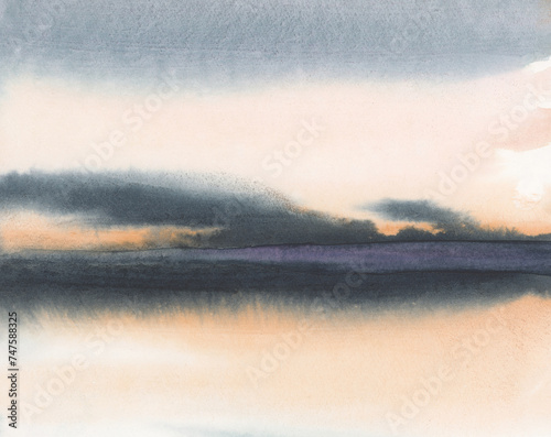 Ink watercolor hand drawn smoke flow stain blot landscape on wet paper texture background.