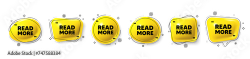 Read More tag. Speech bubble 3d icons set. Navigation sign. Get description info symbol. Read more chat talk message. Speech bubble banners with comma. Text balloons. Vector