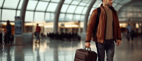 Young man with suitcase at the airport. Travel and tourism concept. Travel and business concept. Travel and tourism concept with copy space. Copy space. 