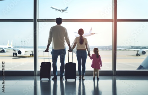 happy family with luggage at airport terminal, parents and daughter travel together. Travel and business concept. Travel and tourism concept with copy space. Copy space. 