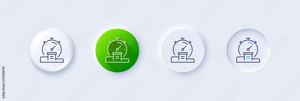 Timer line icon. Neumorphic, Green gradient, 3d pin buttons. Stopwatch time results sign. Podium with countdown clock symbol. Line icons. Neumorphic buttons with outline signs. Vector