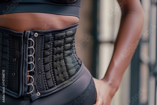 Close-ups of a person wearing a waist trainer, emphasizing its role in shaping the midsection during workouts.  photo