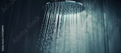 A shower head suspended from the ceiling releases streams of water, creating a misty ambiance in a dimly lit bathroom. The room is shrouded in darkness, with only the shower area illuminated. photo
