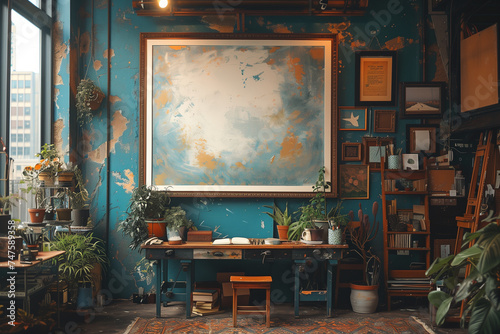 A room featuring a large painting on the wall, surrounded by various art supplies and furniture, mockup