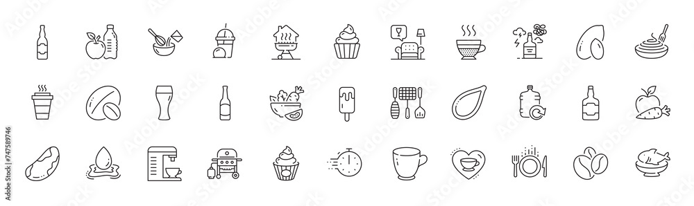 Cooking whisk, Refill water and Seafood line icons. Pack of Grill tools, Tea cup, Beer icon. Ice cream, Healthy food, Coffee beans pictogram. Beer bottle, Pumpkin seed, Love coffee. Line icons. Vector