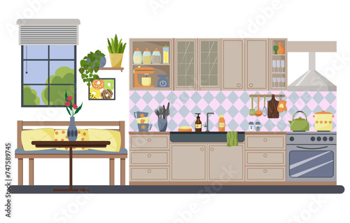Modern kitchen interior with sofa and table. Kitchen utensils, sink and stove, cabinets, various accessories. Spices and utensils, mixer and scales. Window with blinds. Flat vector.