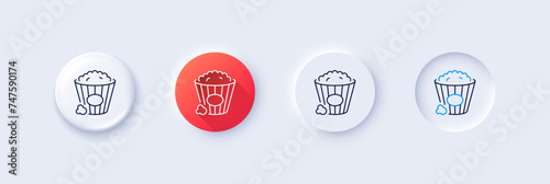 Popcorn line icon. Neumorphic, Red gradient, 3d pin buttons. Pop corn sign. Cinema snack food symbol. Line icons. Neumorphic buttons with outline signs. Vector