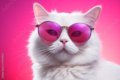 a white cat wearing pink sunglasses