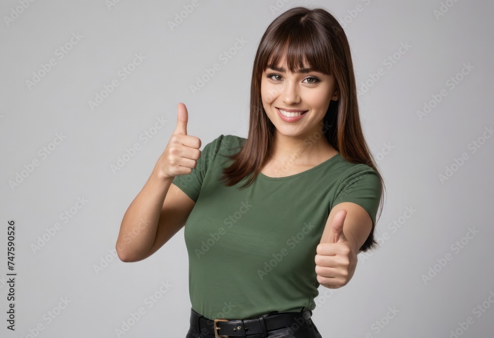 A smiling woman in a green top shows approval with a thumbs up gesture, her demeanor is friendly and positive. A smiling woman in a green top shows approval with a thumbs up gesture, her demeanor is friendly and positive.