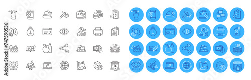 Printer, Copyright laptop and Apple line icons pack. Tax documents, Arena, Change money web icon. Dog competition, Touchscreen gesture, Juice pictogram. Fraud, Hammer blow, Teamwork. Vector