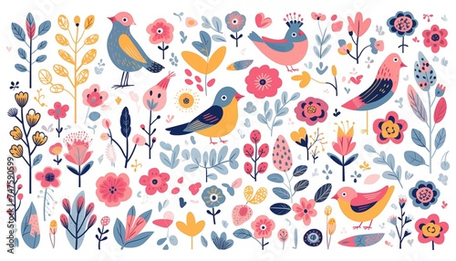 Illustration of birds, flowers. plants , leaves isolated on white background