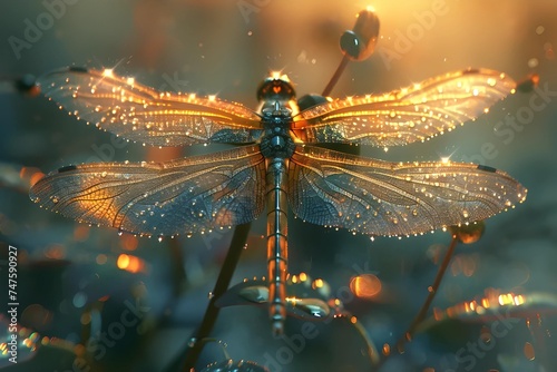 Delight in the intricate beauty of a dragonfly perched on a dew-covered leaf, its delicate wings gleaming in the morning sunlight. © JewJew