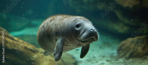 A close-up photo capturing the baby Amazonian manatee, a member of the Trichechus inunguis species, swimming gracefully in an aquarium. photo