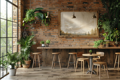 A room overflowing with various plants located adjacent to a fully stocked bar in a restaurant setting, mockup photo