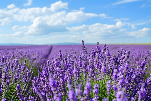 up close lavender purple flowers in rows farm field meadow blue sky with puffy white clouds 