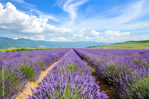 lavender purple flowers in rows farm field meadow blue sky with puffy white clouds mountain range