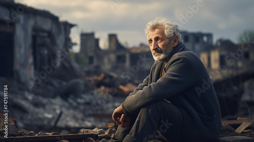 Man in an abandoned building was destroyed, crying for the loss of home destroyed by disaster or war photo