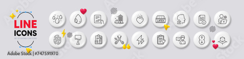 Video conference, Leaf dew and Augmented reality line icons. White buttons 3d icons. Pack of Construction building, Accounting, Patient history icon. Vector