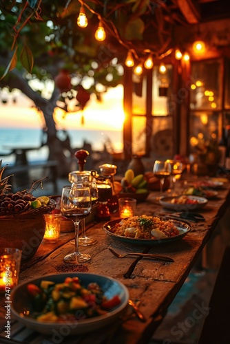 A wooden table set with food  wine glasses  and tableware for an event by the sea shore on vacation