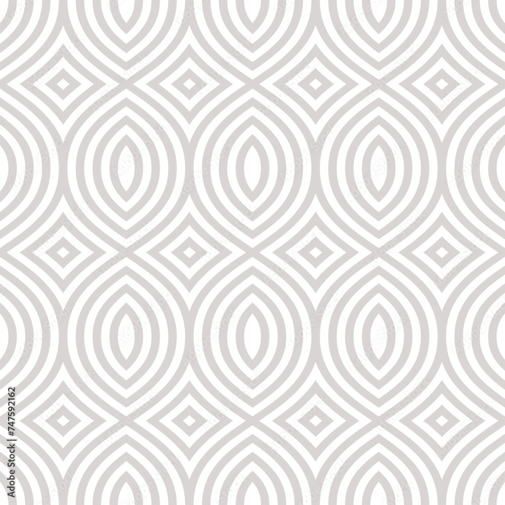 Vector abstract geometric seamless pattern in arabesque style. Subtle beige and white background with curved lines, simple shapes, grid. Elegant minimal ornament texture. Repeat decorative geo design