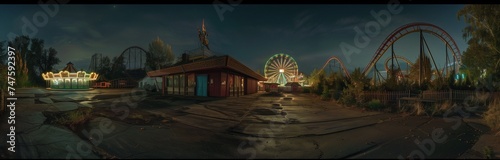 empty amusement park in the night with lights of blue and magenta colors