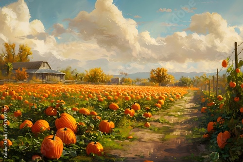 quaint pumpkin patch meadow harvest season October painting