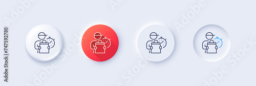 Delivery man line icon. Neumorphic, Red gradient, 3d pin buttons. Express courier sign. Order delivery symbol. Line icons. Neumorphic buttons with outline signs. Vector