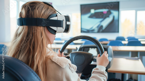 Driving school. A beautiful young woman wearing virtual reality glasses takes an exam at a driving school. She sits in class and controls the virtual machine using the steering wheel.