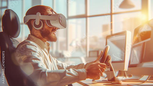 A man in VR glasses sits at a table and controls a virtual machine using a steering wheel. modern illustration