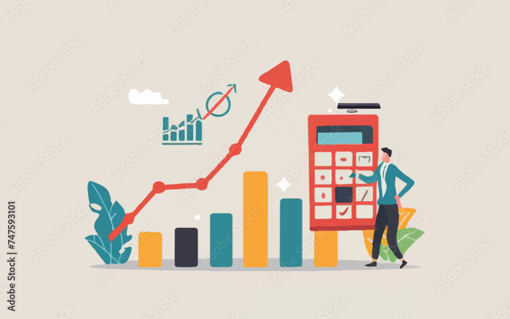 Maximize Profits: Calculate Revenue Growth, Income, and Investment Earnings. Perfect for Financial Evaluation, Tax, and Accounting Projects. Businessman Analyzes Growth with Calculator and Chart.