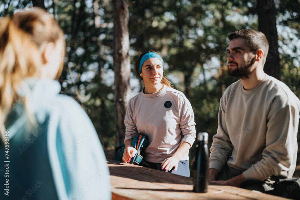 A group of young, athletic people hike in a forest, enjoying nature and having fun conversations. This outdoor adventure is a healthy and happy weekend getaway in the mountains. A group of young, athletic people hike in a forest, enjoying nature and having fun conversations. This outdoor adventure is a healthy and happy weekend getaway in the mountains.