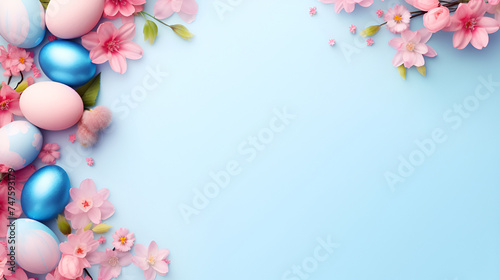 A tranquil light blue background anchors a delicate border of soft pink cherry blossoms and pastel Easter eggs, offering a serene frame for festive springtime messages. © Tetiana