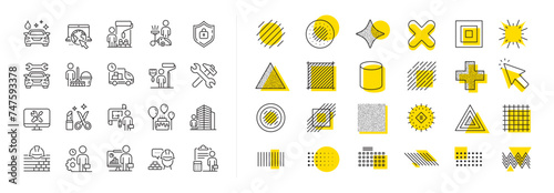 Car repair, Home cleaning, Engineering service line icons. Design shape elements. Professional services line icons. Builder and Painter, Wrench tool with hammer, Car wash. Vector