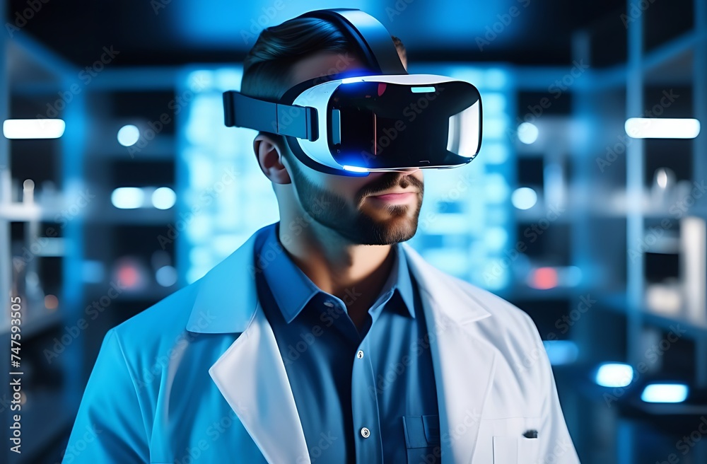 Futuristic researcher using the augmented reality VR glasses with hologram graphics for viewing results of research in laboratory, Interacting with virtual reality. Futuristic researcher using the augmented reality VR glasses with hologram graphics for viewing results of research in laboratory, Interacting with virtual reality.