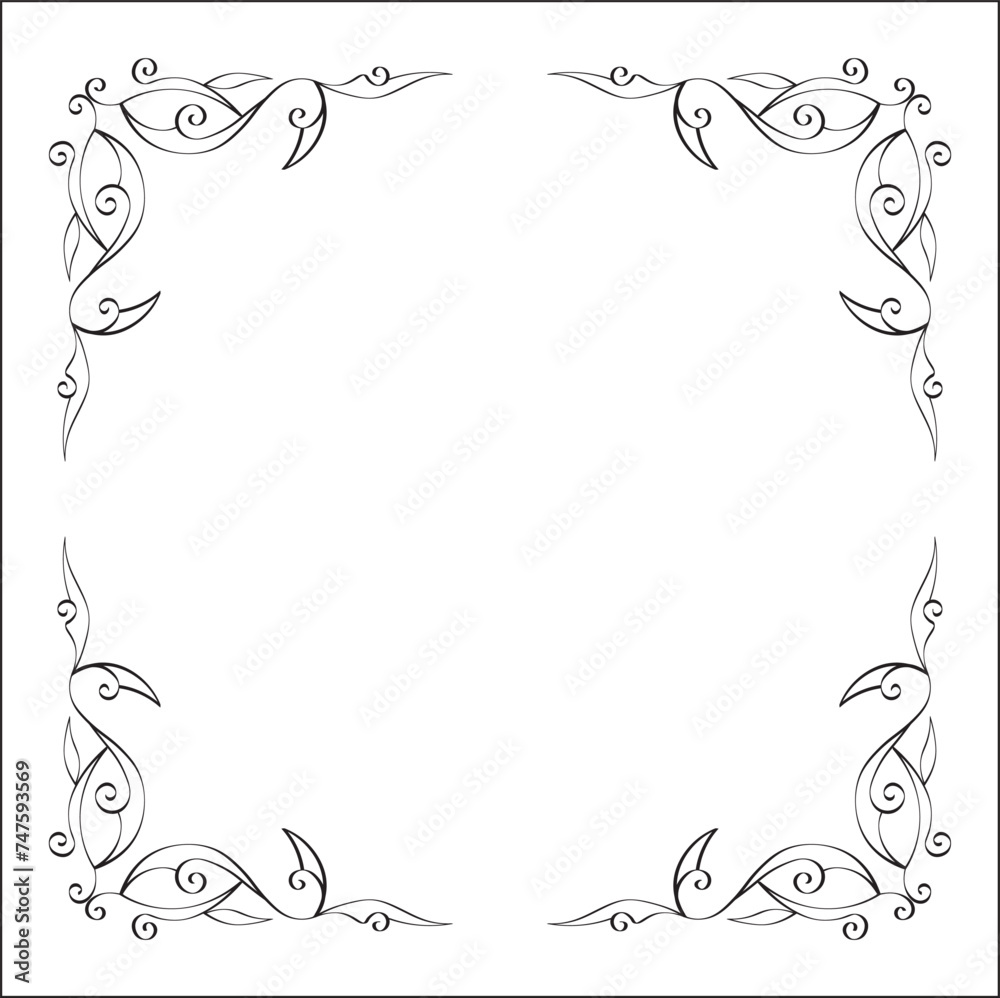 Elegant black and white ornamental frame, sharp corners, decorative border, corners for greeting cards, banners, business cards, invitations, menus. Isolated vector illustration.
Elegant black and white ornamental frame, sharp corners, decorative border, corners for greeting cards, banners, business cards, invitations, menus. Isolated vector illustration.