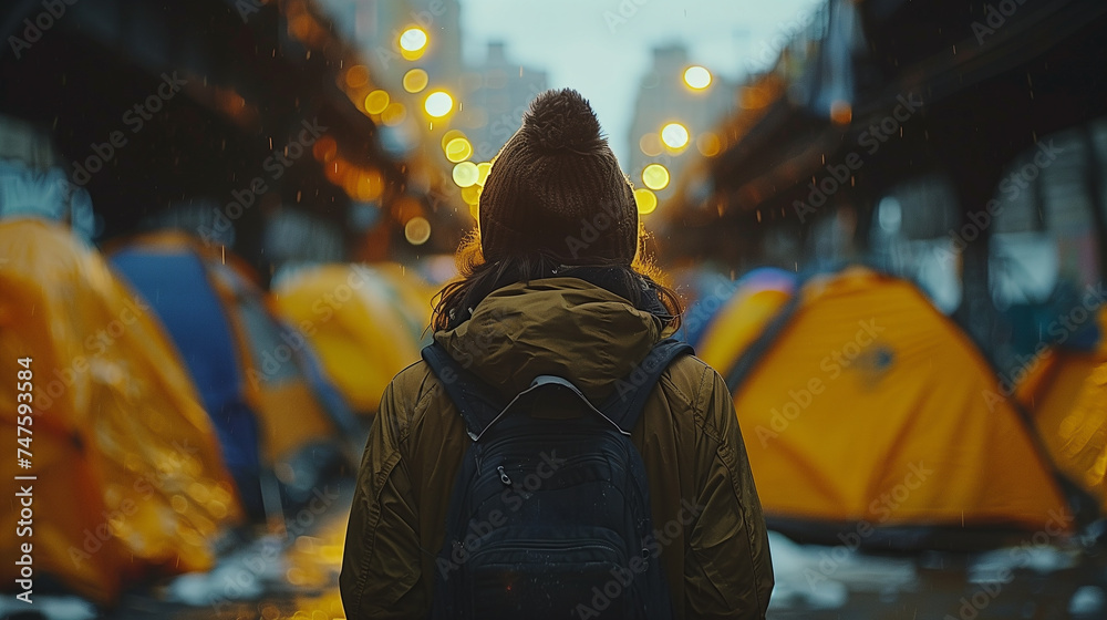 Tent community: A homeless woman stands amidst a cluster of tents in outdoor encampment - obrazy, fototapety, plakaty 