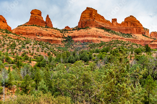 Red rock formations of Damfino Canyon in Sedona Arizona on a cloudy day