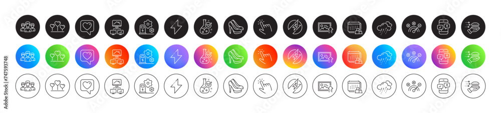 Correct answer, Delivery and Upload photo line icons. Round icon gradient buttons. Pack of Love heart, Shoes, Group icon. Charging station, Heart, Food delivery pictogram. Vector